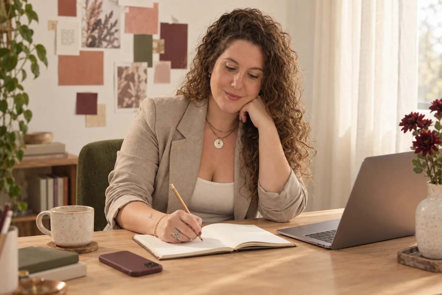 Lucía planificando ideas y contenido en su escritorio